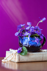 Beautiful small bouquet of forest violets in a vase. Still Life With Violets, book and a pearl beads