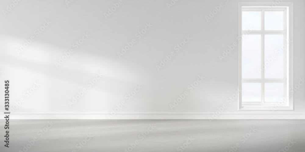 Wall mural abstract of empty white concrete room with sun light cast the window shadow on the wall and floor,pe