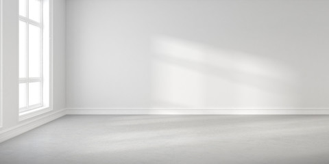 Abstract of empty white concrete room with sun light cast the window shadow on the wall and floor,Perspective of minimal design architecture. 3d render.