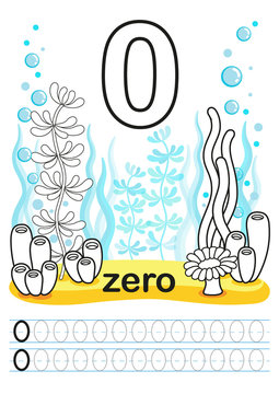 Coloring worksheet for kindergarten and preschool. Exercises for writing numbers. Funny fishes, crabs, jellyfish, seashells, octopus, other marine life, plants, corals on the sea background. Number 0