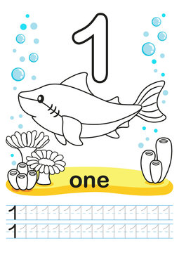 Coloring worksheet for kindergarten and preschool. Exercises for writing numbers. Funny fishes, crabs, jellyfish, seashells, octopus, other marine life, plants, corals on the sea background. Number 1