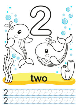Coloring worksheet for kindergarten and preschool. Exercises for writing numbers. Funny fishes, crabs, jellyfish, seashells, octopus, other marine life, plants, corals on the sea background. Number 2