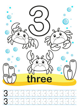 Coloring worksheet for kindergarten and preschool. Exercises for writing numbers. Funny fishes, crabs, jellyfish, seashells, octopus, other marine life, plants, corals on the sea background. Number 3