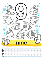 Coloring worksheet for kindergarten and preschool. Exercises for writing numbers. Funny fishes, crabs, jellyfish, seashells, octopus, other marine life, plants, corals on the sea background. Number 9