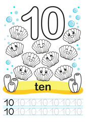 Coloring printable worksheet for kindergarten and preschool. Exercises for writing numbers. Bright funny fishes, crabs, jellyfish, seashells, octopus on the sea background. Number 10