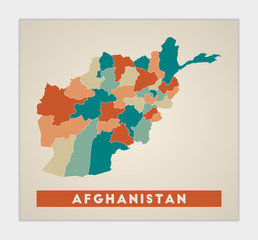 Afghanistan poster. Map of the country with colorful regions. Shape of Afghanistan with country name. Awesome vector illustration.