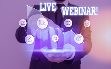 Text sign showing Live Webinar. Business photo showcasing presentation lecture or seminar...