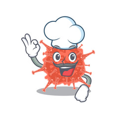 Cute orthocoronavirinae cartoon character wearing white chef hat