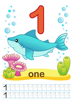 Printable worksheet for kindergarten and preschool. Exercises for writing numbers. Bright funny fishes, crabs, jellyfish, seashells, octopus, other marine life, plants, corals on the sea background