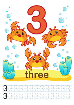 Printable worksheet for kindergarten and preschool. Exercises for writing numbers. Bright funny fishes, crabs, jellyfish, seashells, octopus, other marine life, plants, corals on the sea background