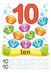 Printable worksheet for kindergarten and preschool. Exercises for writing numbers. Bright funny fishes, crabs, jellyfish, seashells, octopus, other marine life, plants, corals on the sea background