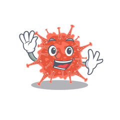 Smiley orthocoronavirinae cartoon mascot design with waving hand