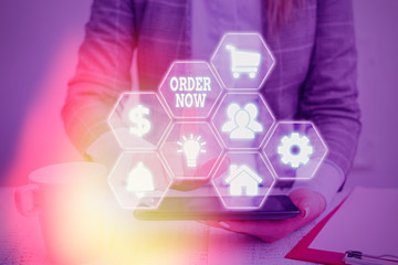 Word writing text Order Now. Business photo showcasing the activity of asking for goods or services...