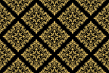 Wallpaper in the style of Baroque. Seamless vector background. Gold and black floral ornament. Graphic pattern for fabric, wallpaper, packaging. Ornate Damask flower ornament