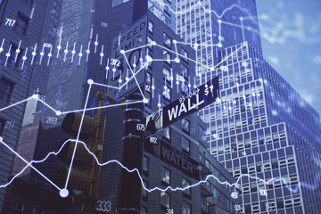 Forex chart on cityscape with tall buildings background multi exposure. Financial research concept.