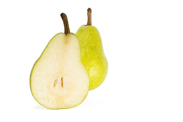 slice and whole ripe yellow pears isolated on white background