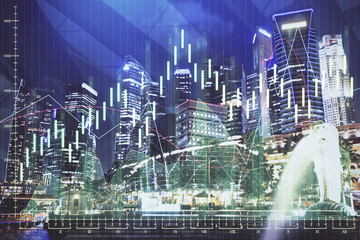Naklejka premium Financial chart on city scape with tall buildings background multi exposure. Analysis concept.