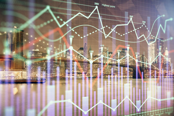 Financial chart on city scape with tall buildings background multi exposure. Analysis concept.