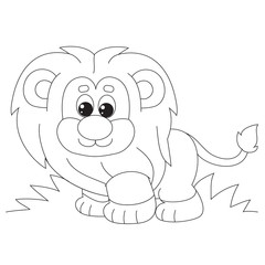 cartoon style little lion cub with a butterfly on its tail drawn in outline, isolated object on a white background, vector illustration,