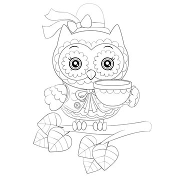 owl in a hat sits on a branch and drink tea, outline drawing, coloring, isolated object on a white background, vector illustration, eps