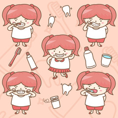 Design elements vector of cute girl in dental health care actions cartoon characters, Dental routine cleaning, Oral health, White teeth.
