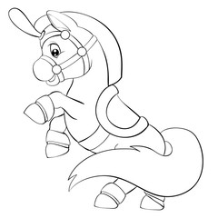 circus horse stands on its hind legs, outline drawing, coloring, isolated object on a white background, vector illustration,