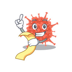 cartoon character of orthocoronavirinae holding menu ready to serve