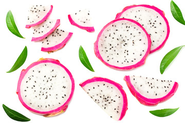 Sliced Ripe Dragon fruit with green leaves isolated on white background. Pitaya or Pitahaya Top view