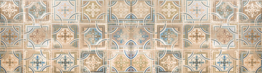 Old brown beige blue vintage shabby patchwork tiles stone concrete cement wall texture background banner panorama