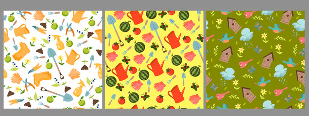 Set of garden seamless patterns. Vector graphics.