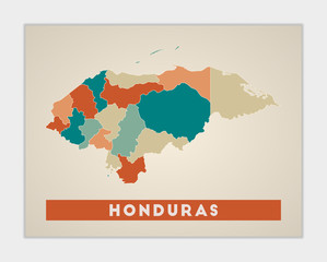 Honduras poster. Map of the country with colorful regions. Shape of Honduras with country name. Awesome vector illustration.
