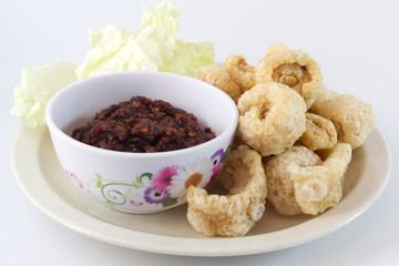 Roasted Pork Chili Paste serve with fried pork rind and fresh vegetables