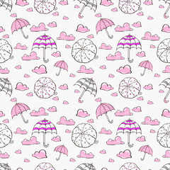 childish seamless pattern. umbrellas in the sky