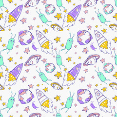 childish seamless pattern. rockets in space. aliens