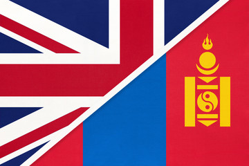 Fototapeta na wymiar United Kingdom vs Mongolia national flag from textile. Relationship between two european and asian countries.