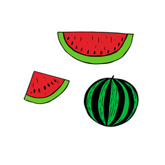 Set of watermelon and its pieces, colored, vector illustration