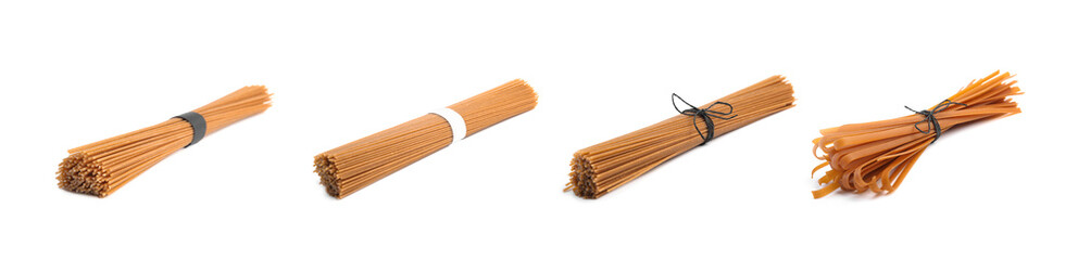 Set of uncooked buckwheat noodles on white background. Banner design