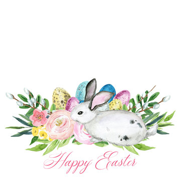 Ready Easter floral arrangement with cute rabbit. Suitable for Easter cards, communion, baptism and more