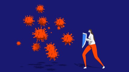 3d illustration COVID-19 coronaviru. Metaphor, a woman with a shield and a mask is protected from particles of the virus.