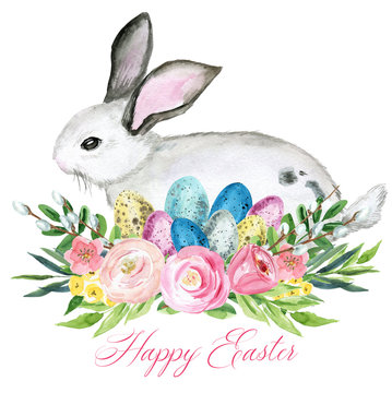 Ready Easter floral arrangement with cute rabbit. Suitable for Easter cards, communion, baptism and more