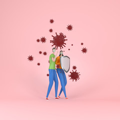Obraz na płótnie Canvas COVID-19 hygiene promotion with wearing a face mask. Metaphor. A man and a woman protect themselves from coronavirus particles. 3d illustration
