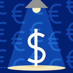 currency symbol, concept of dollar and euro on blue background on lamp light, editable vector business illustration