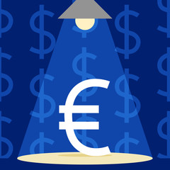 currency symbol, concept of dollar and euro on blue background on lamp light, editable vector business illustration