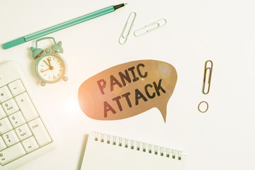 Text sign showing Panic Attack. Business photo text sudden periods of intense fear that may include palpitations Copy space on the empty note paper with pc keyboard clock and pencil on the table