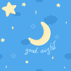 Fototapeta na wymiar cute cartoon moon with stars and handwritten slogan on night sky background with doodle elements, editable vector illustration for kids decoration, fabric, textile, paper