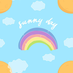 cute cartoon rainbow with sun and handwritten slogan on sky background with doodle elements, editable vector illustration for kids decoration, fabric, textile, paper
