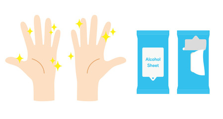 消毒済みの手と除菌シート