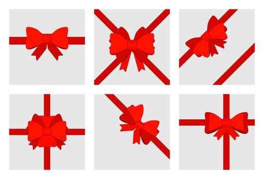 Set of red gift bows with ribbons for decorating gifts, surprises for holidays. Luxury wide gift bow and space frame for text, gift wrapping template for banner, poster design. Vector illustration