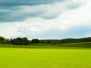 Nature landscape of green field in Kashubian village. Nature and agriculture concept