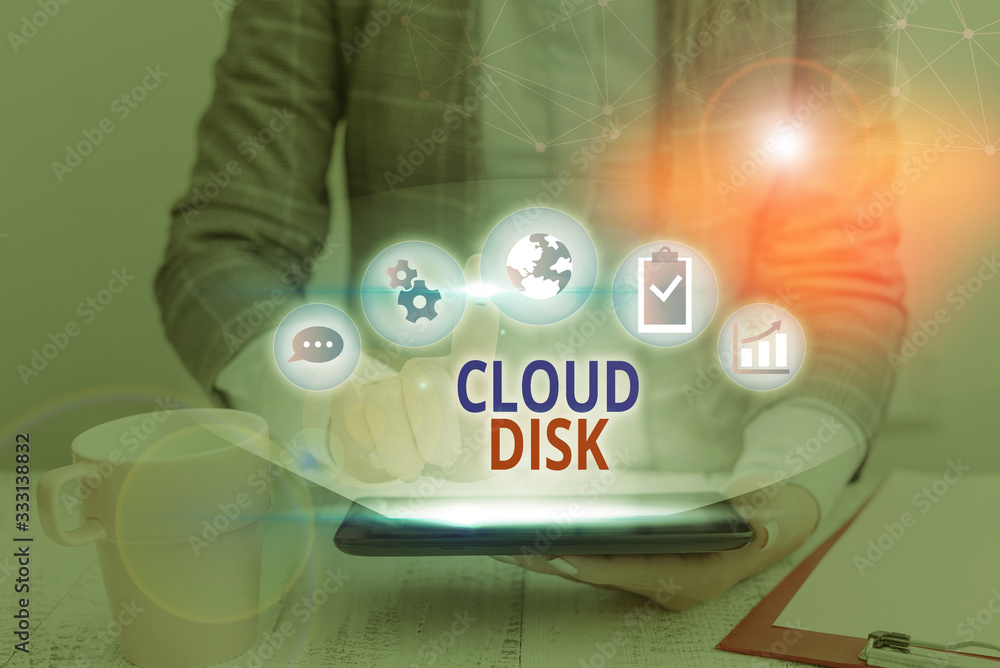 Poster word writing text cloud disk. business photo showcasing web base service that provides storage space